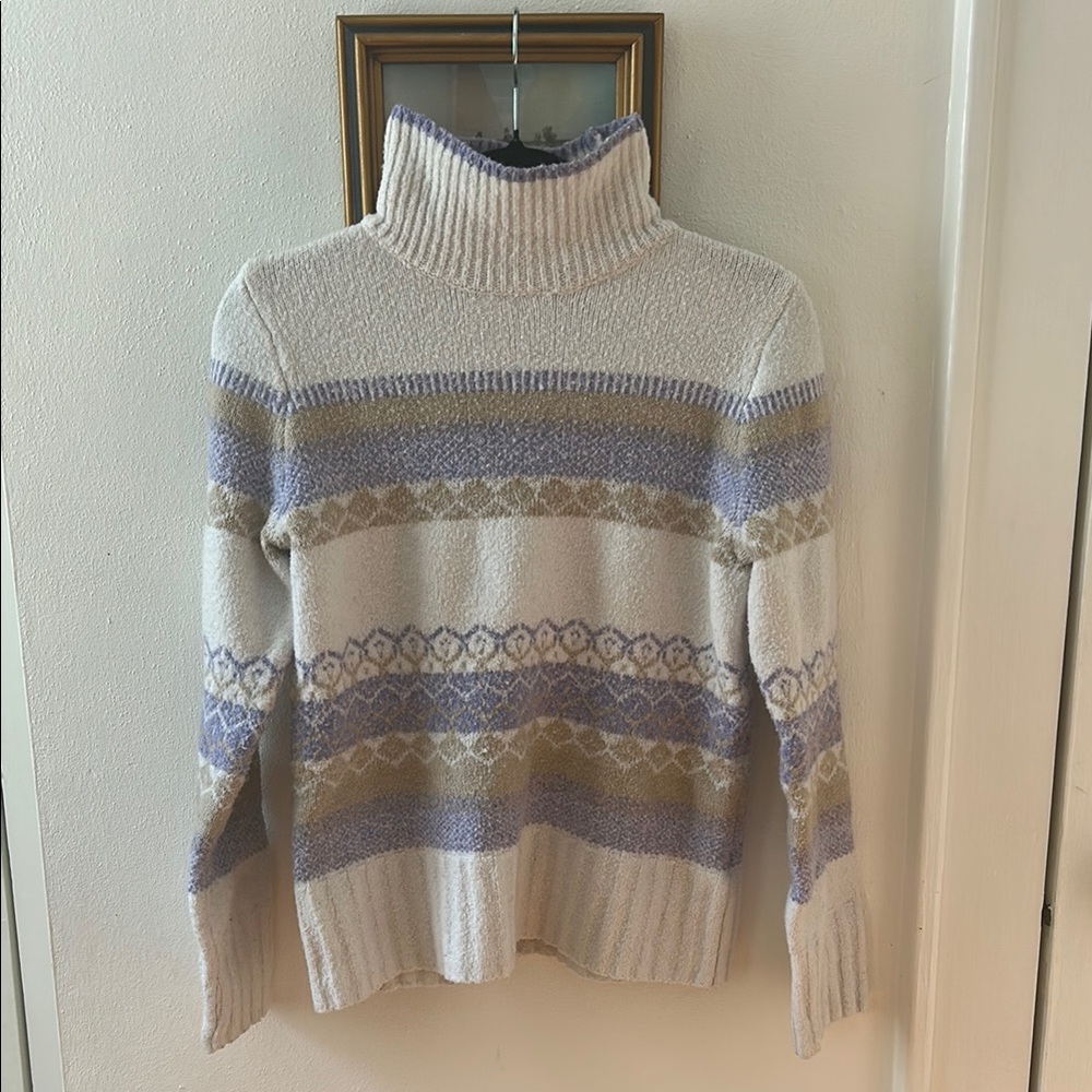 Cozy Striped Turtleneck Sweater - Aspen Cream and Purple